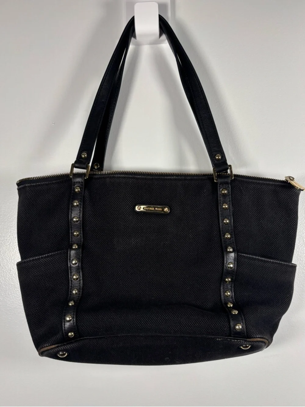 Michael Kors Black Canvas Tote with Studded Gold Trim side pockets